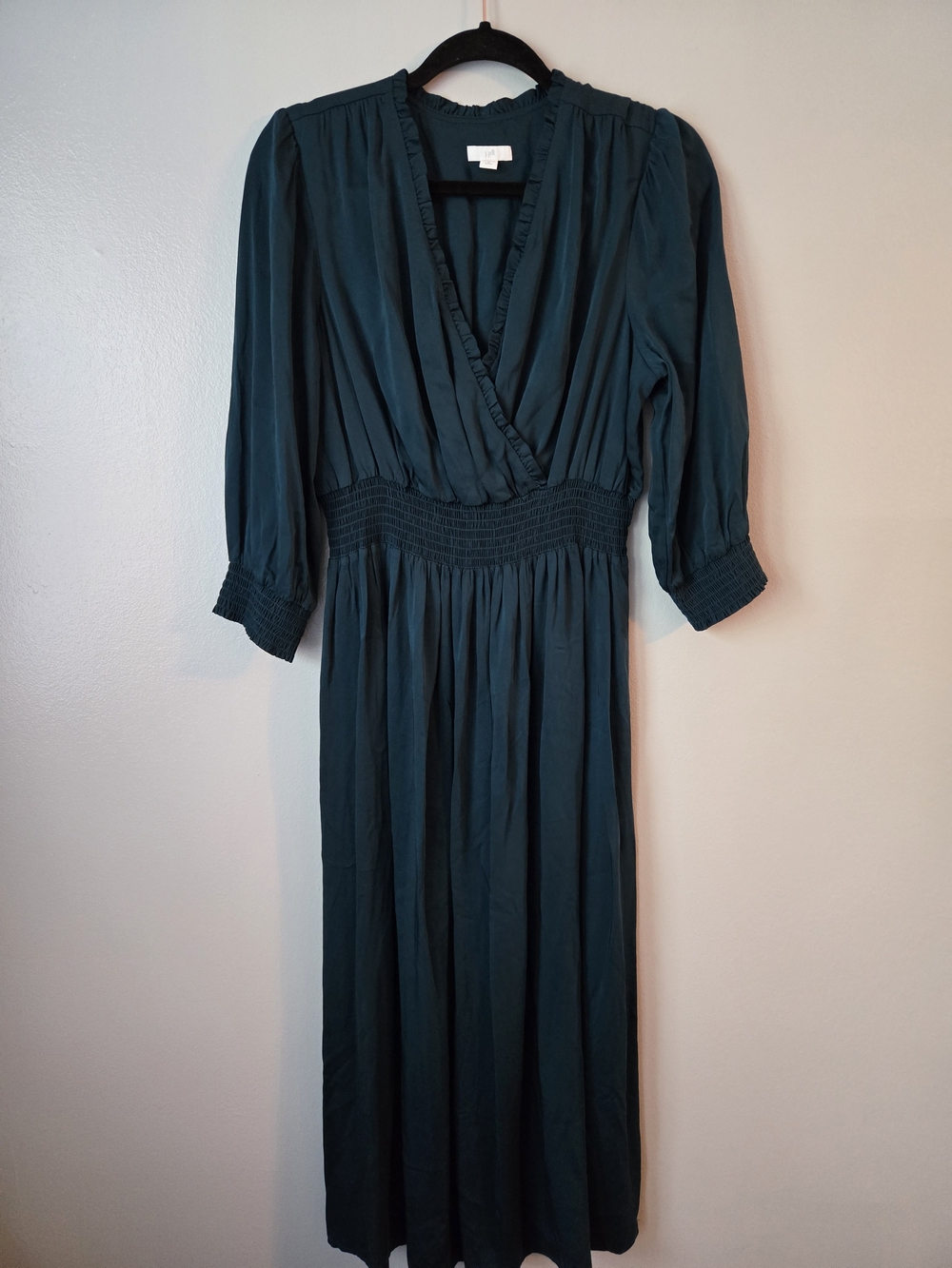 J. Jill Teal Green Ecovero Viscose Maxi Dress Smocked Faux Wrap Medium Petite